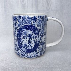 Anthropologie Folksong Monogram Letter C Blue White Coffee Mug Cup Tea NEW